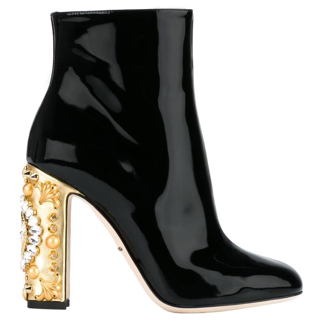 Dolce & Gabbana NEW & SOLD OUT Black Gold Crystal Spike Ankle Booties in Box