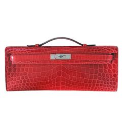 Hermes Kelly Cut Crocodile Shiny Porosus Bouganvillea Clutch Bag in Box 10