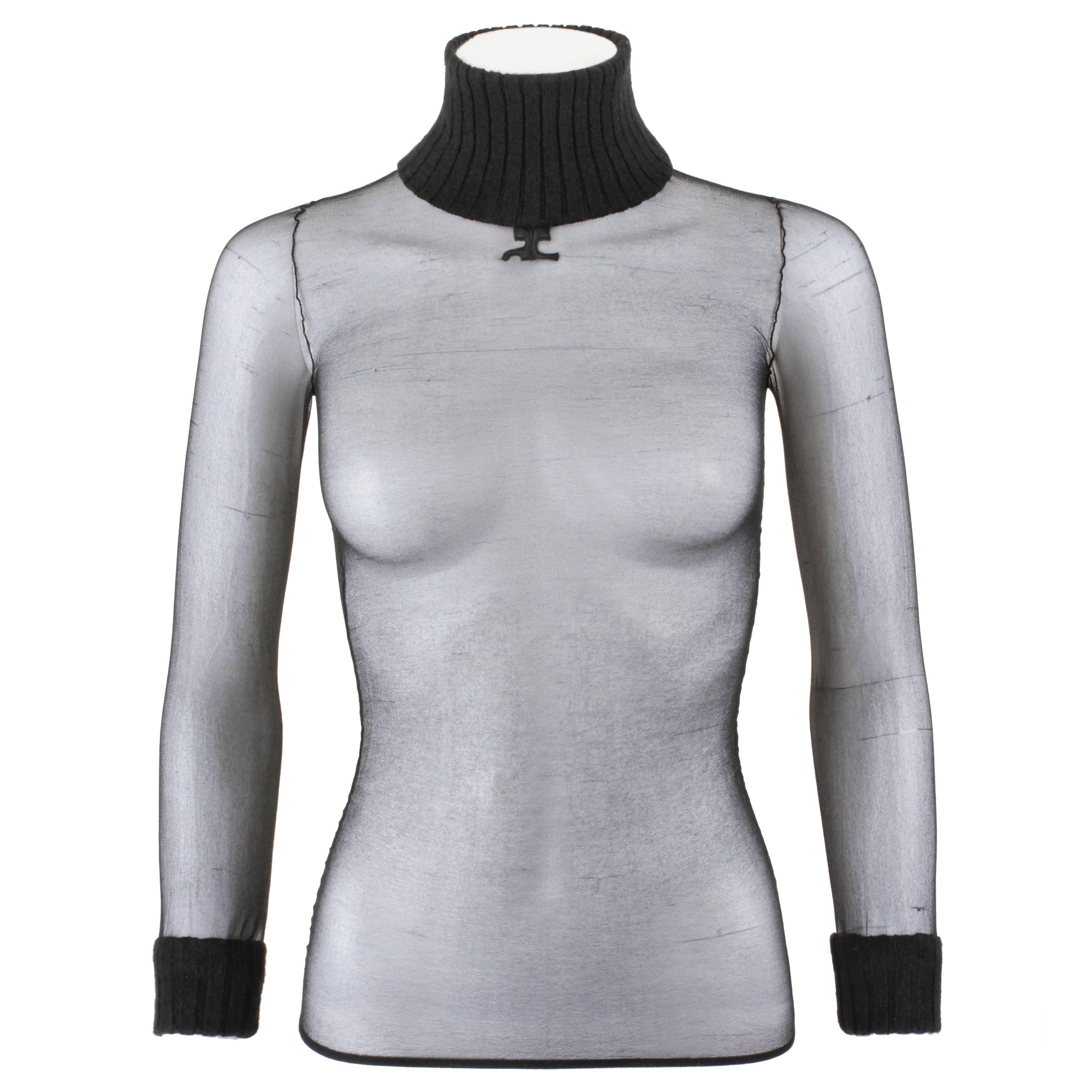 COURREGES PARIS c.1960's Black Sheer Mesh Signature Logo Mod Turtleneck Top
