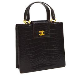 Retro Chanel Crocodile Gold Kelly Evening Top Handle Satchel Bag