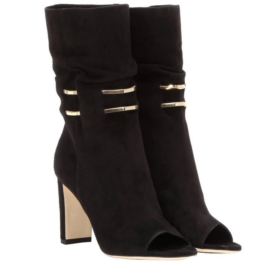 Jimmy Choo NEW & SOLD OUT Black Suede Gold Slouch Heel Ankle Booties in Box