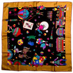 Vintage Circus Theme Gucci Silk Scarf with a Gold Border and Purple Rolled Hem
