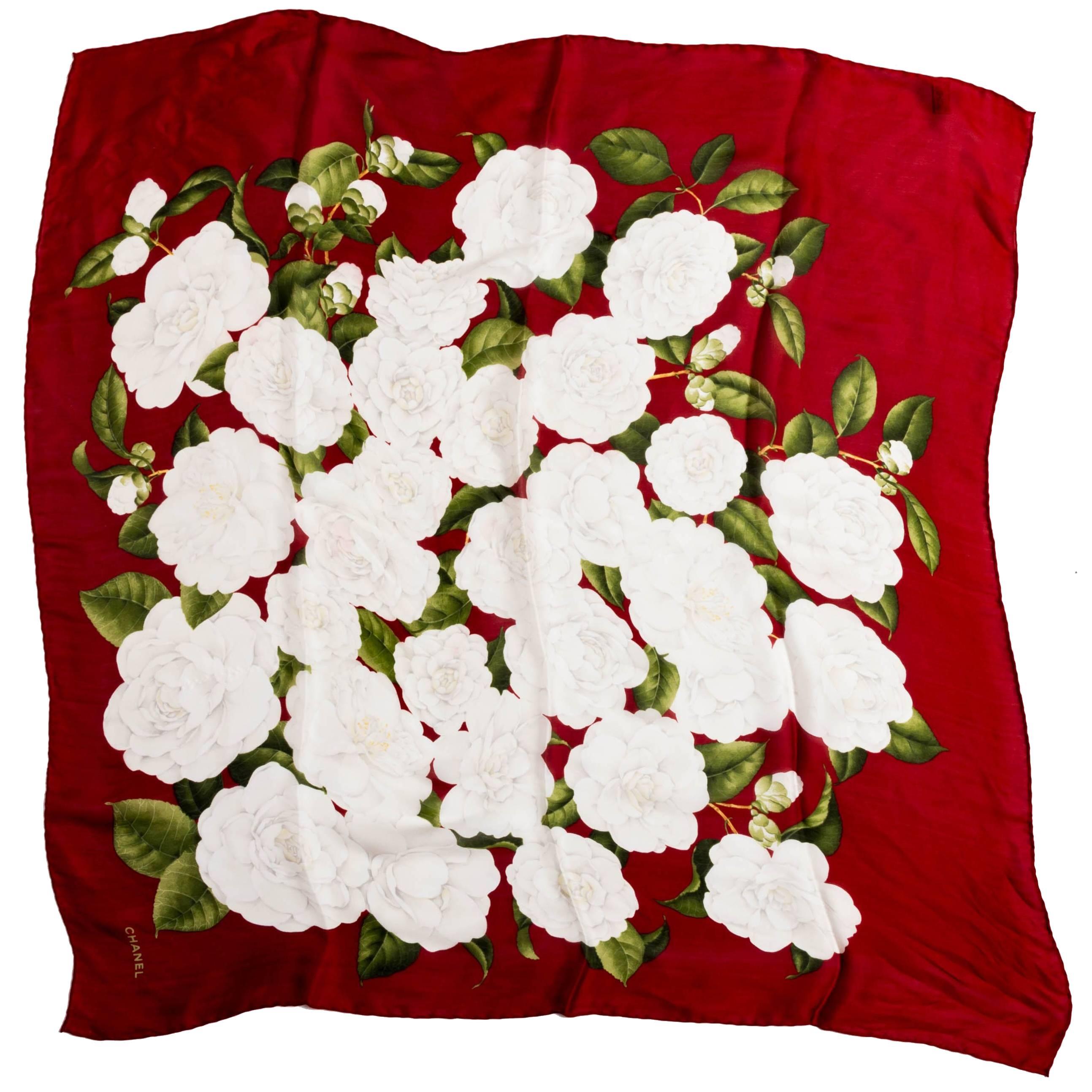 Chanel Red and White Silk Camellia Scarf