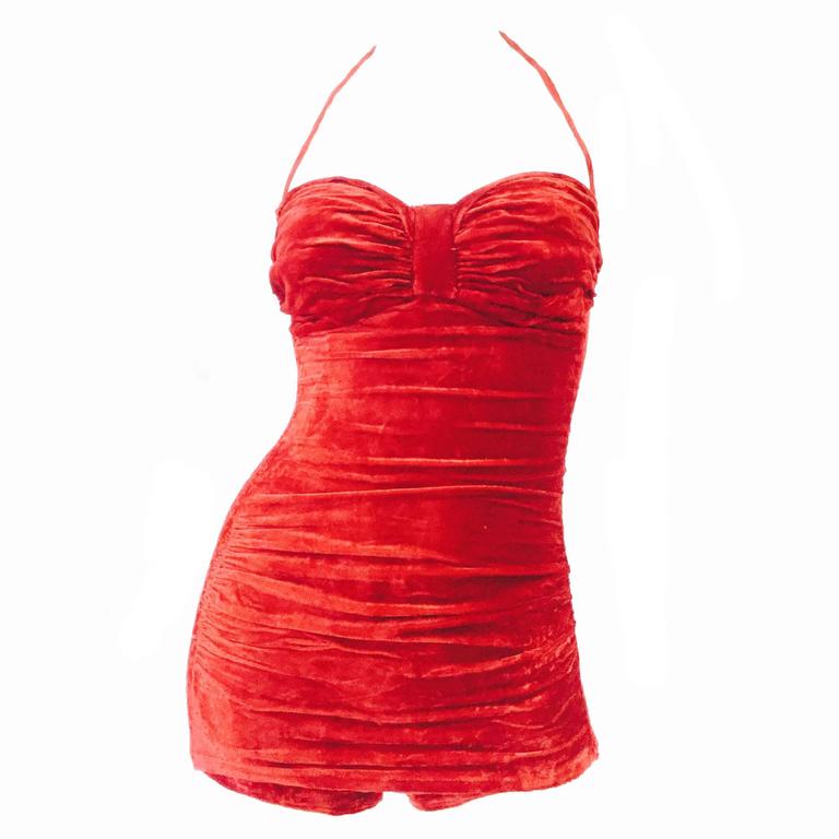 Cole of California ruched red velvet halter bathing suit, 1950s, offered by MRS Couture