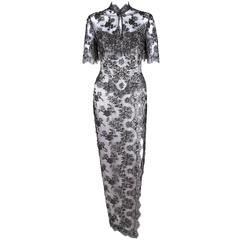 VICKY TIEL COUTURE c.1990s 2pc Silver Beaded Lace Corset Evening Gown Jacket Set