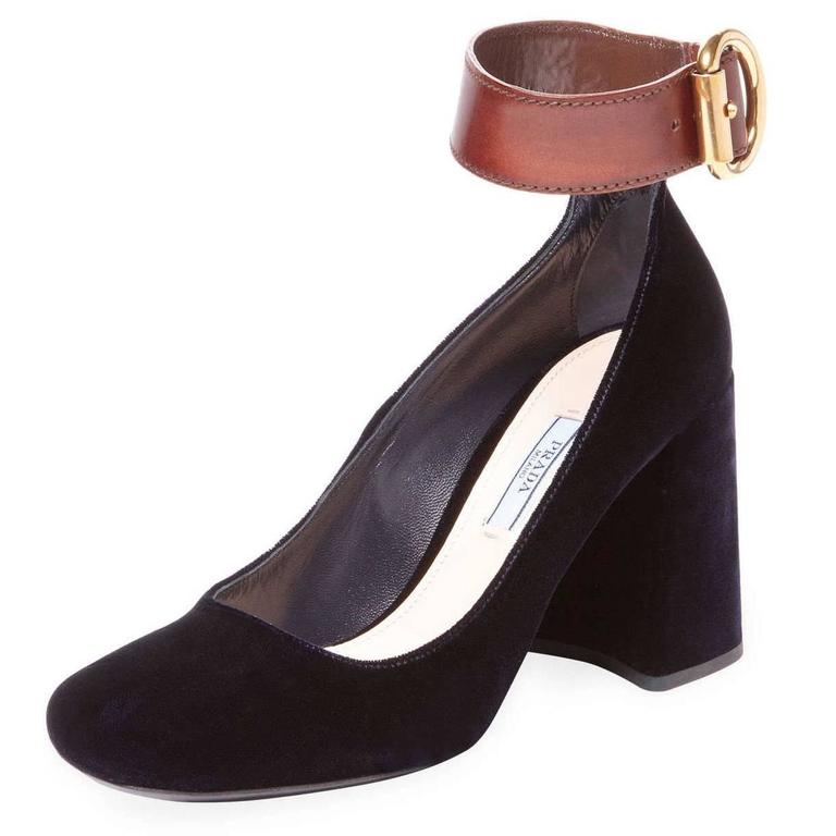 Prada Midnight Blue Velvet Leather Ankle Strap Evening Block Heels Shoes in  Box at 1stDibs | midnight velvet shoes