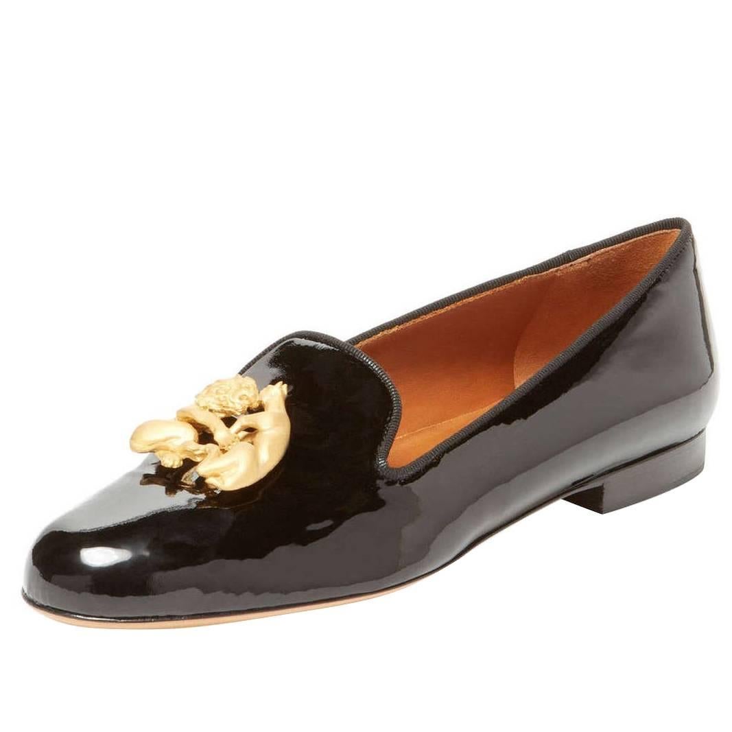 Giuseppe Zanotti NEW Black Patent Gold Lion Loafers Smoking Slippers Flats W/Box