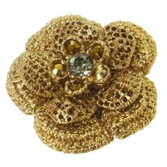 Chanel Gold Camellia CC Charm Flower Rhinestone Pin Brooch in Box