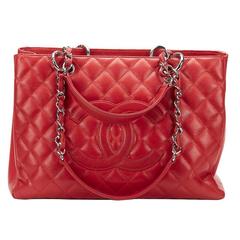 2000s Chanel Red Quilted Caviar Leather Grand Shopping Tote GST