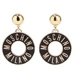 Moschino NEW Gold Black Doorknocker Dangle Drop Evening Hoop Earrings in Box