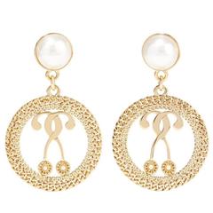 Moschino NEW Textured Gold Coin Medallion Pearl Evening Dangle Earrings in Box