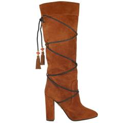 Aquazzura NEW & SOLD OUT Cognac Suede Tassel Heels Knee Boots in Box