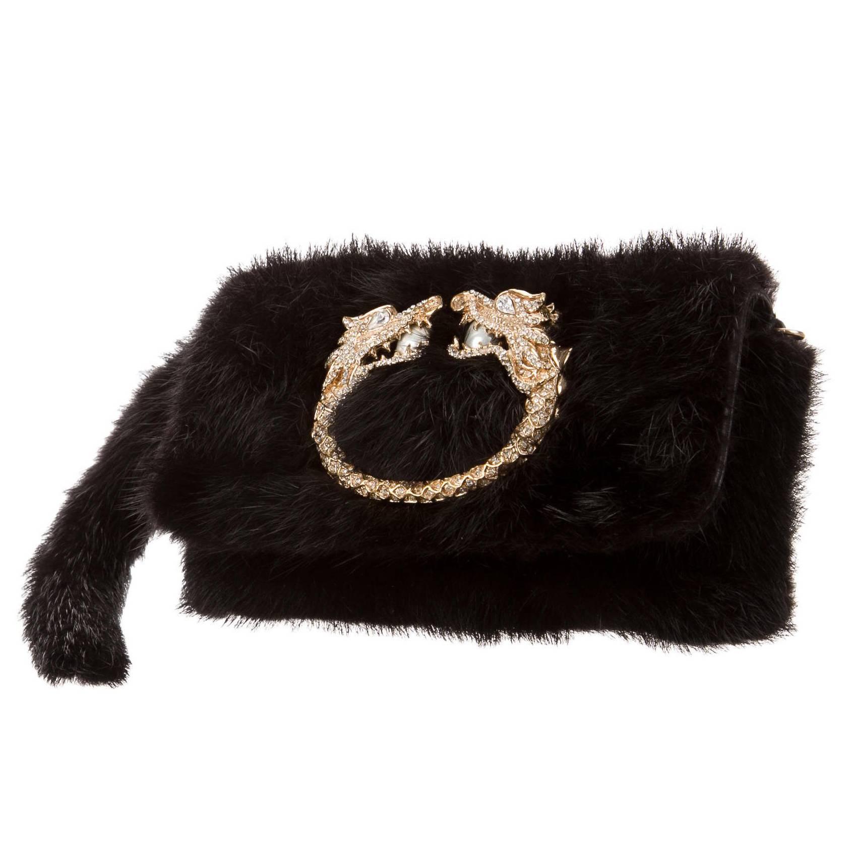 Gucci by Tom Ford Rare Black Mink Gold Pearl Embellished Evening Flap Bag