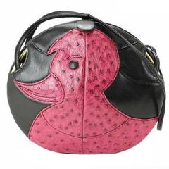 1980s. Retro BALLY cute duck design black and pink ostrich leather mix bag.