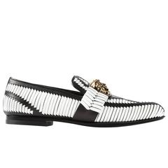 Nouvelles chaussures Versace Woven en cuir noir et blanc pour hommes