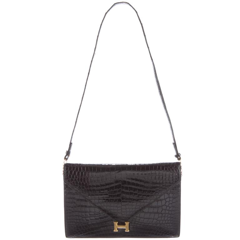 Hermes Rare Black Alligator Gold H Evening Envelope Flap Shoulder Bag