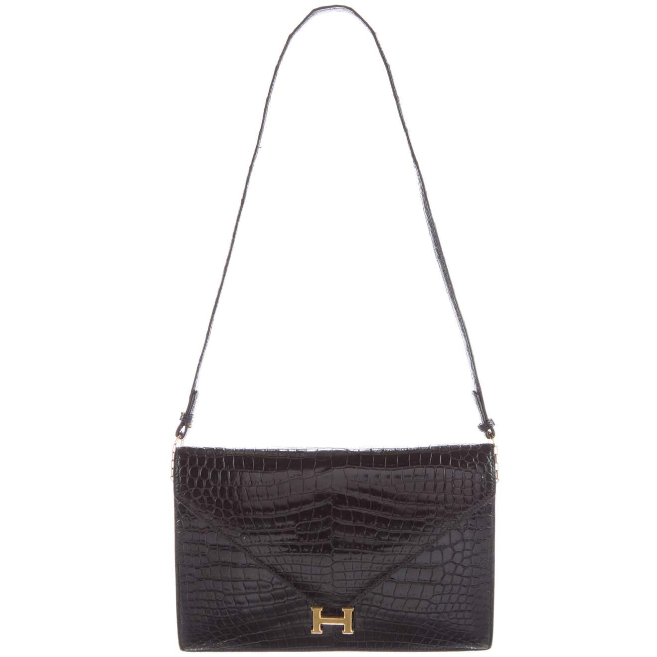 Hermes Rare Black Crocodile Gold H Evening Envelope Flap Shoulder Bag ...
