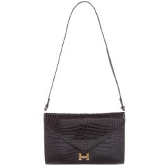 Retro Hermes Rare Black Crocodile Gold H Evening Envelope Flap Shoulder Bag