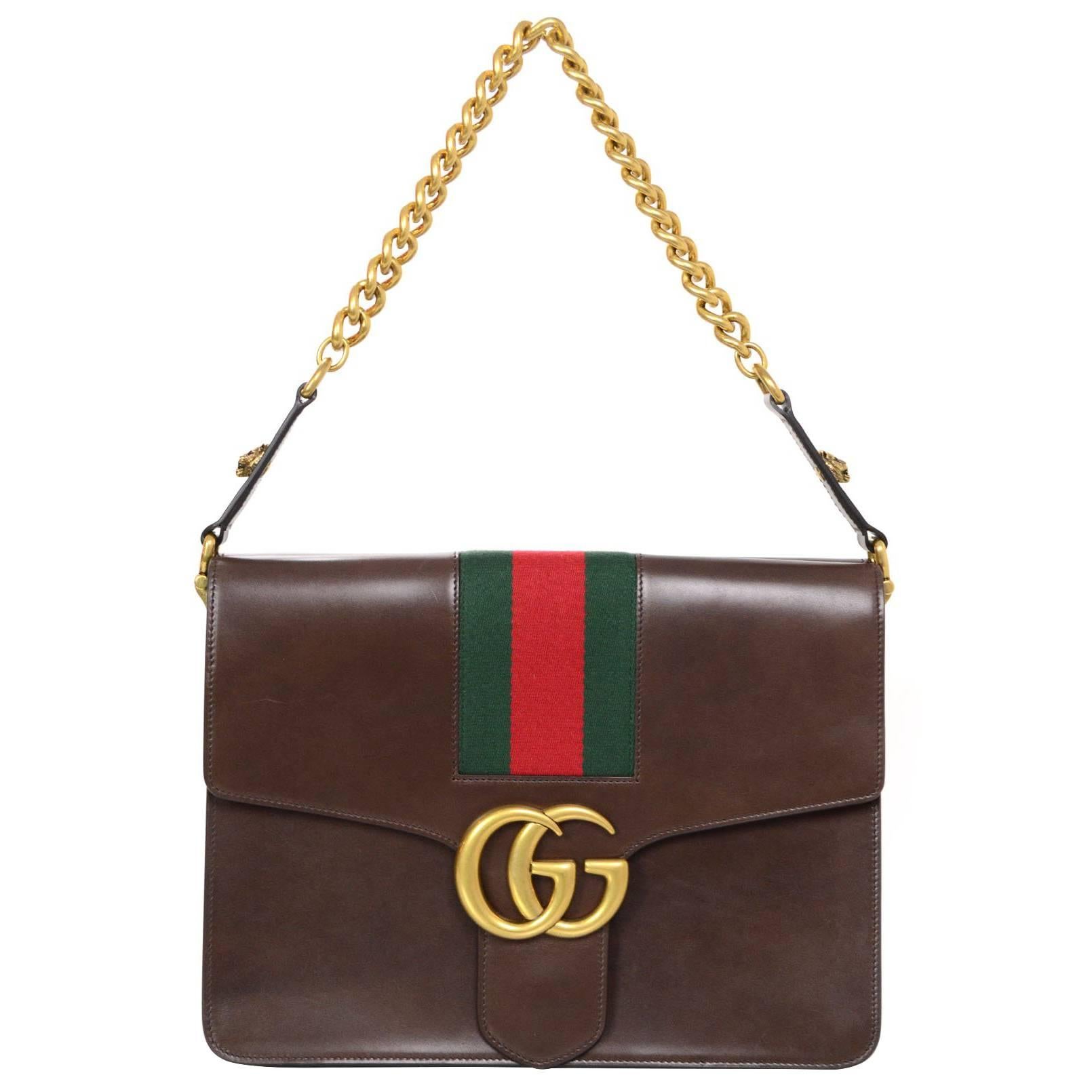 Gucci 2016 Brown Leather Marmont Shoulder Bag w/ Green & Red Stripe