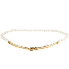 Chanel NEW Gold Leather Double Strand Pearl Skinny Evening Waist Belt