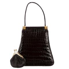 Vintage Judith Leiber Black Alligator Kelly Style Top Handle Satchel Evening Flap Bag