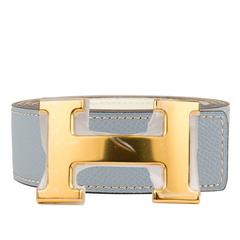 Hermes Belt H Reversible Swift/Epsom Leather White/Blue Lin Color Gold Hardware 