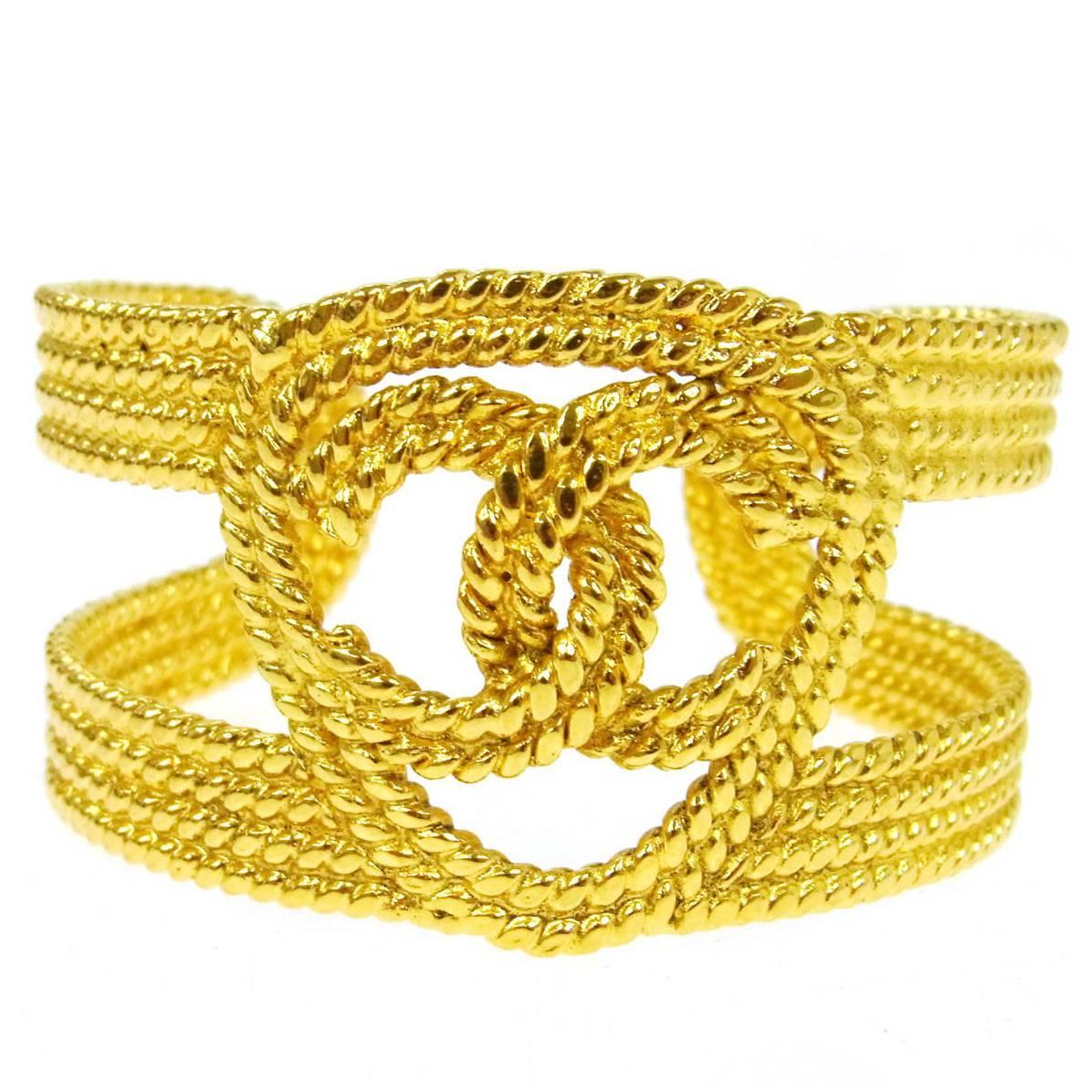 Chanel Vintage Gold Charm Logo Cutout Evening Cuff Bangle Bracelet 