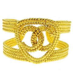 Chanel Vintage Gold Charm Logo Cutout Evening Cuff Bangle Bracelet 9