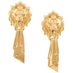 Chanel RARE Vintage Gold Lion Head Drop Dangle Statement Evening Earrings in Box