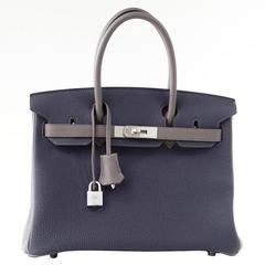 HERMES BIRKIN 30 Bag Blue Nuit and Etain Horseshoe Togo Brushed Palladium 10
