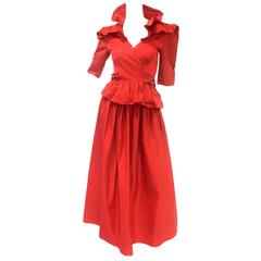 1990s Stephen Burrows Red Silk Satin Two Piece Evening Dress