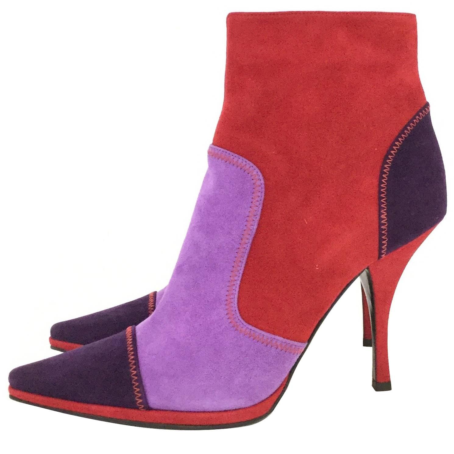  21st Century Casadei Italian Red Violet and Purple Suede Booties NIB For Sale