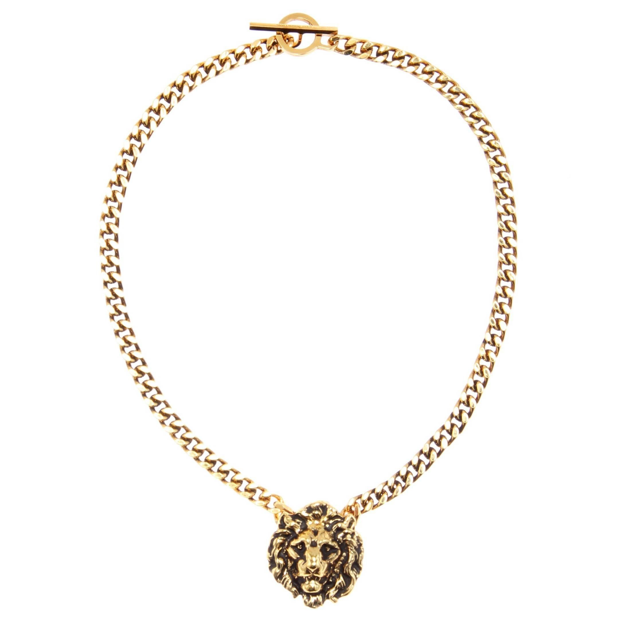 Saint Laurent NEW & SOLD OUT Gold Lion Head Charm Evening Choker Necklace in Box