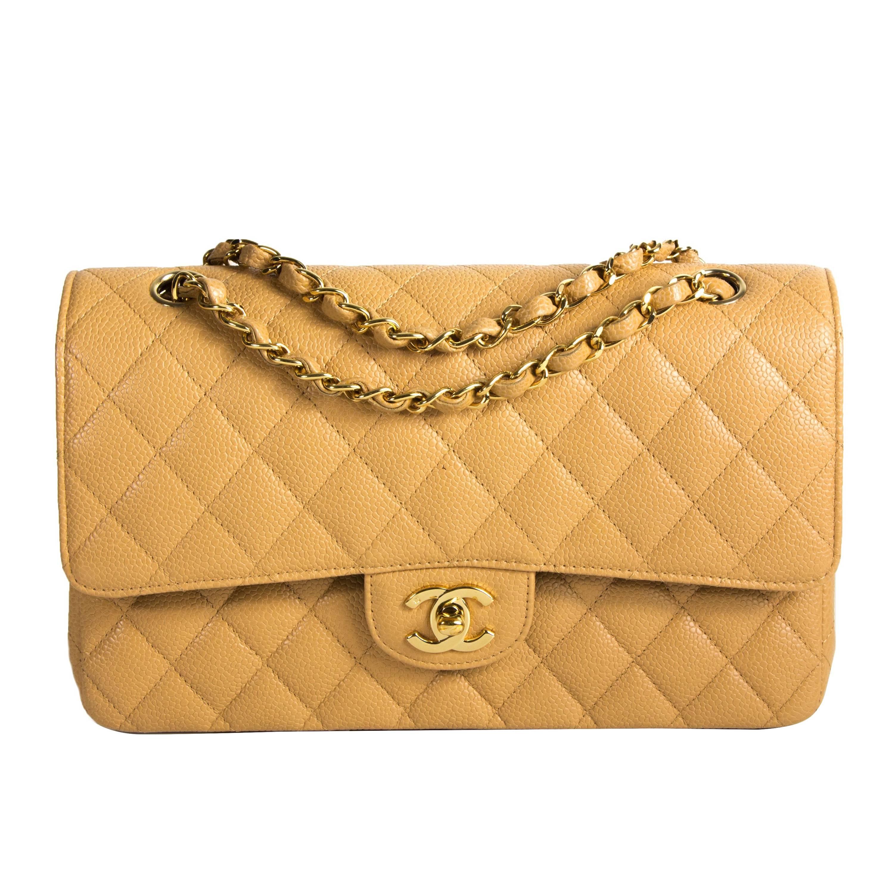 Chanel Caviar Double Flap Bag - Tan Beige Quilted Leather Medium CC Gold Handbag