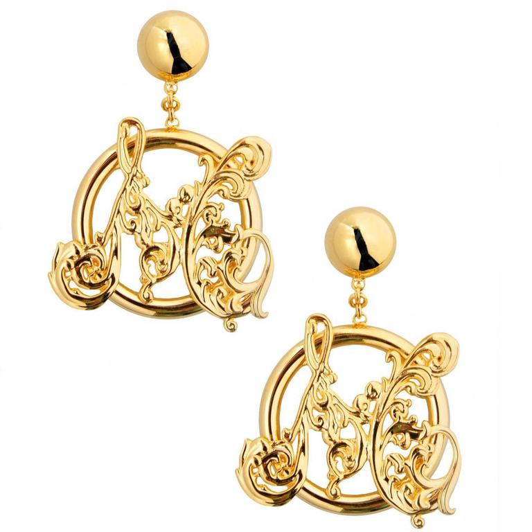 Moschino NEW Gold Filigree Monogram Large Evening Dangle Hoop Earrings ...