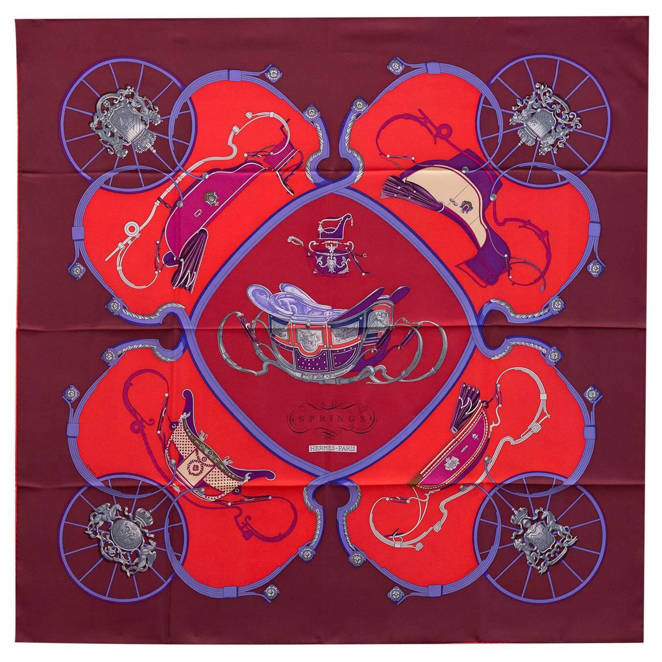 Hermes Carre 100% Silk Springs by Ledoux 90 cm Burgundy/Red/Myosotis Color 2016