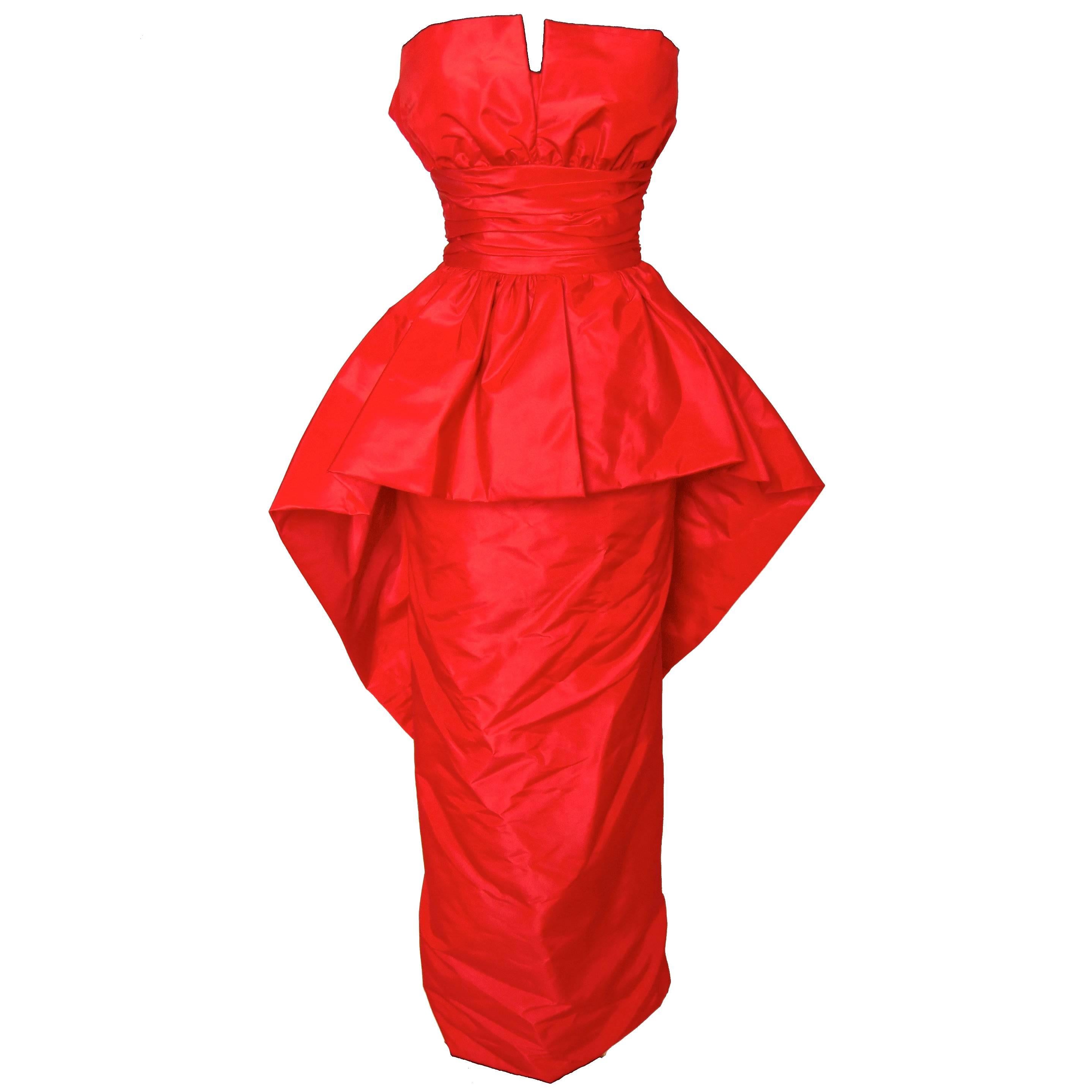 Victor Costa Bright Red Taffeta Evening Gown Strapless Sheath 1970s Size XS