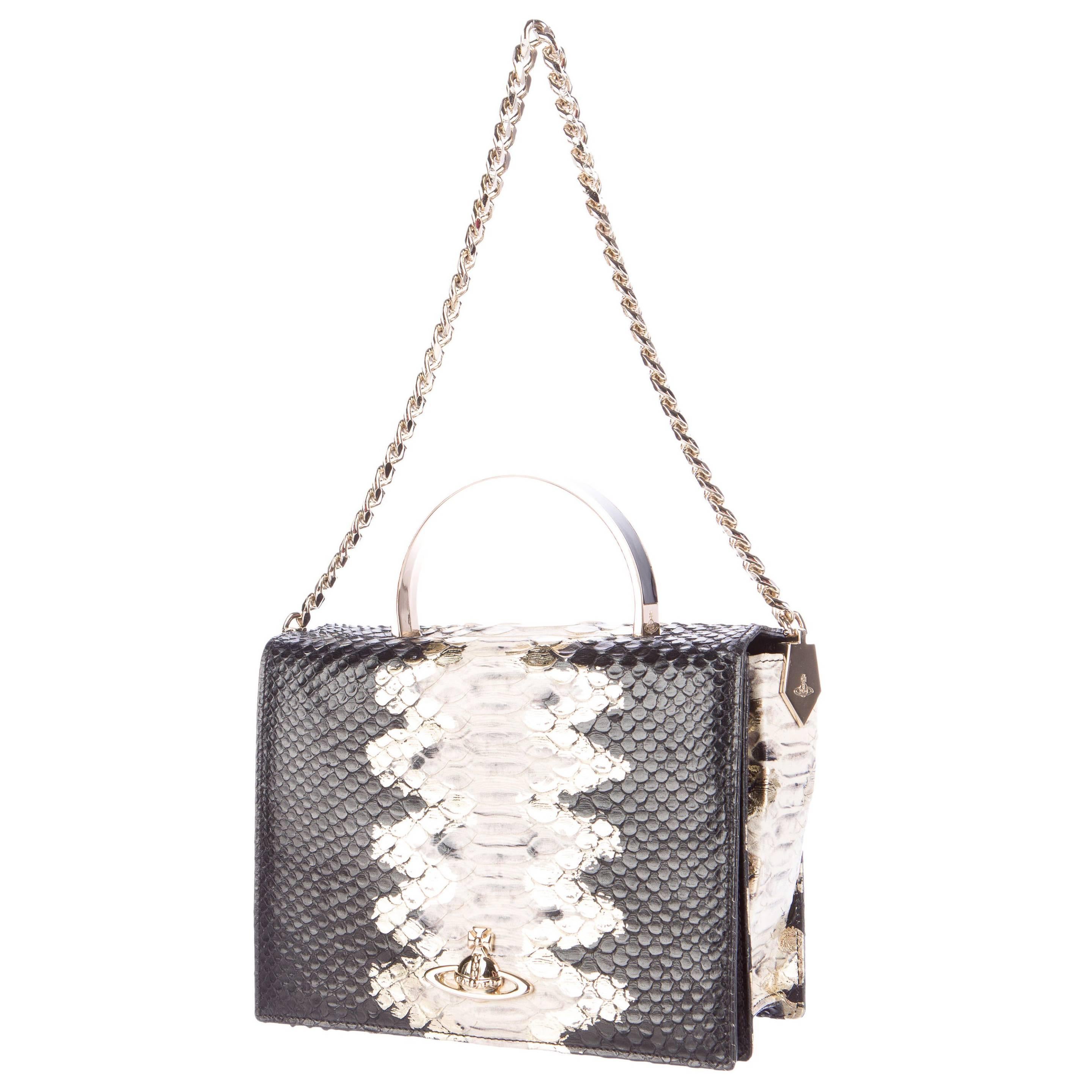 Vivienne Westwood Black Multi Snakeskin Top Handle Clutch Shoulder Flap