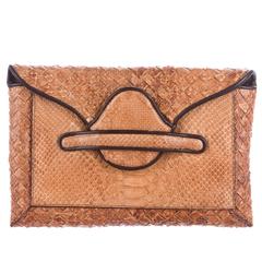 Bottega Veneta Cognac Brown Snakeskin Evening Envelope Flap Clutch Bag