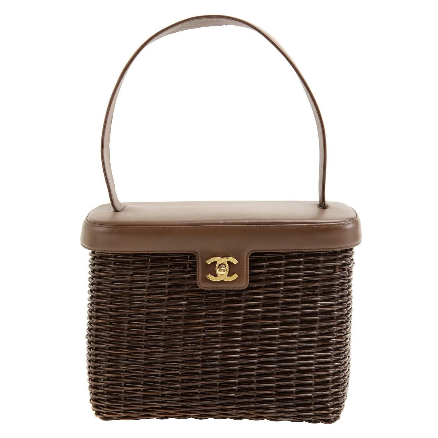 Chanel Vintage Brown Wicker Picnic Basket Bag