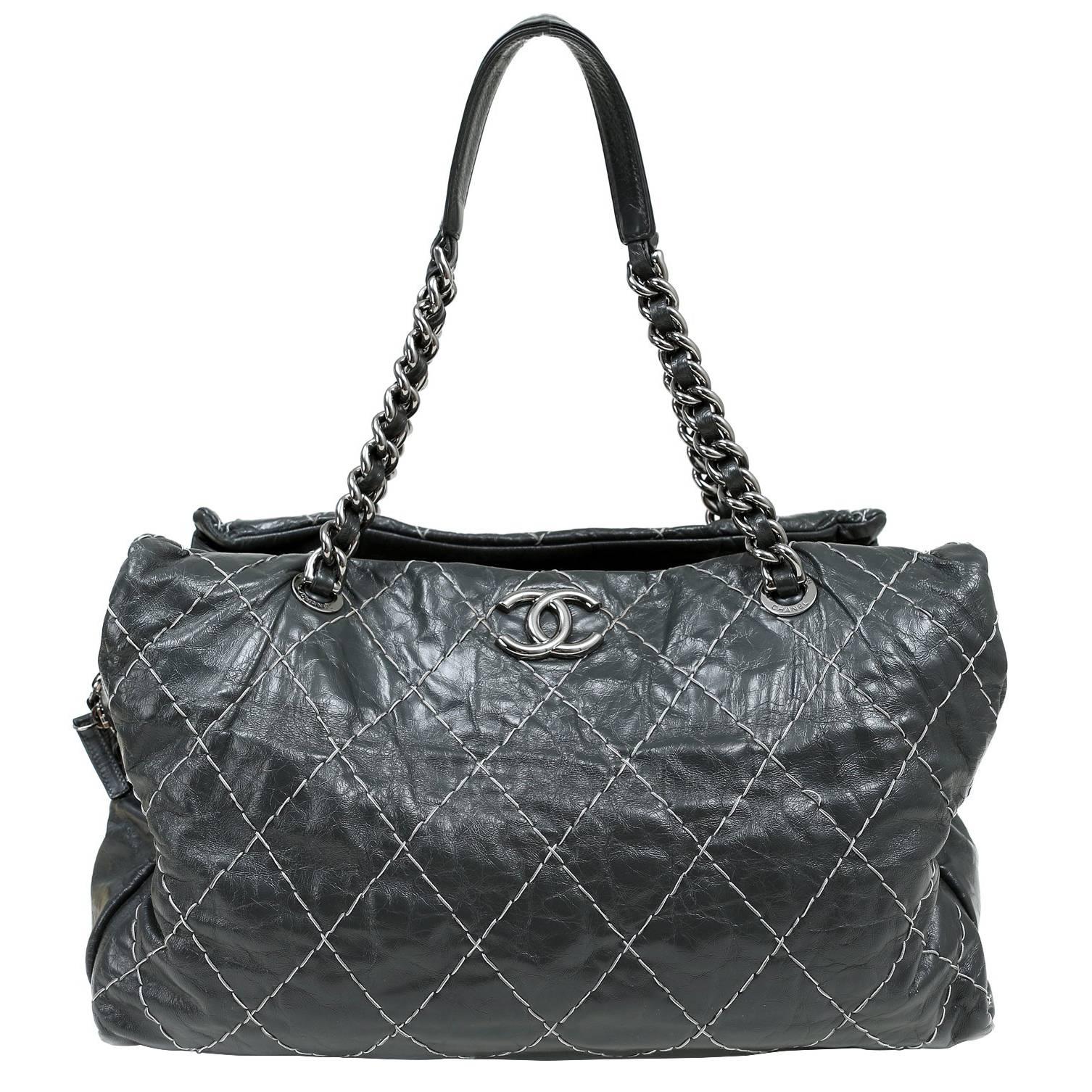 Chanel Charcoal Grey Distressed Leather XXL Tote For Sale