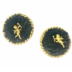 Retro Karl Lagerfeld large round earrings with dark brown sheep fur and angel.