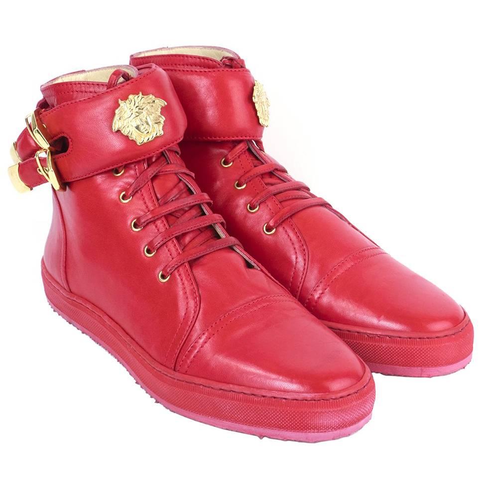 Lifetime Versace Red Leather High Top Sneakers For Sale