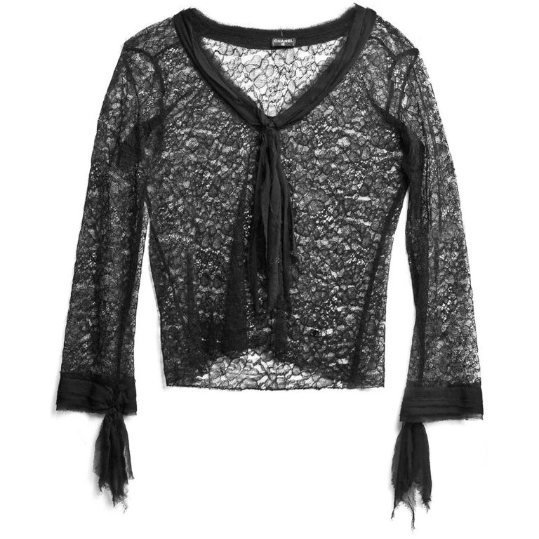 Chanel Black Lace Long Sleeve Blouse sz M For Sale at 1stDibs