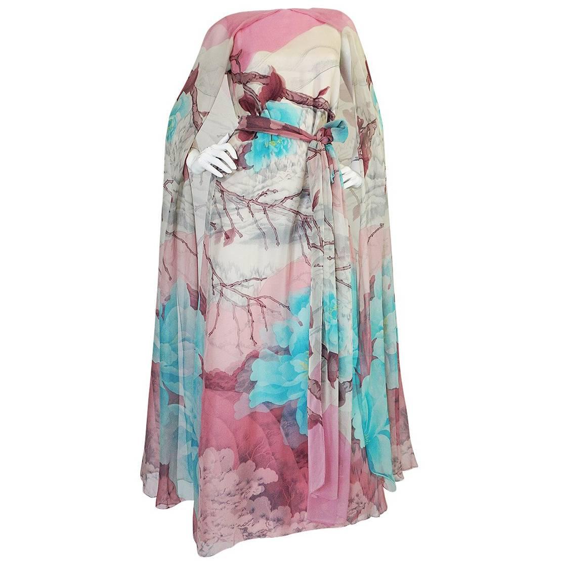 1970s Hanae Mori Couture Silk Chiffon Scenic Floral Dress