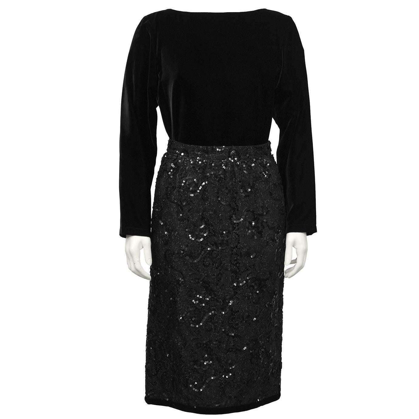 1980's Yves Saint Laurent Black Velvet Top & Lace Skirt Ensemble  For Sale