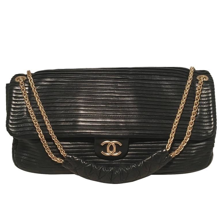 Chanel Black Pleated Leather Classic Flap Shoulder Bag For Sale at