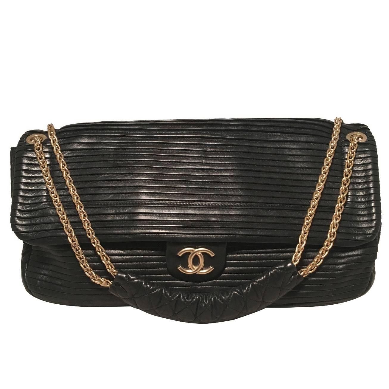 Chanel Black Pleated Leather Classic Flap Shoulder Bag at 1stDibs