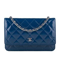 Chanel Dark Blue Quilted Patent Classic Wallet On Chain (WOC)