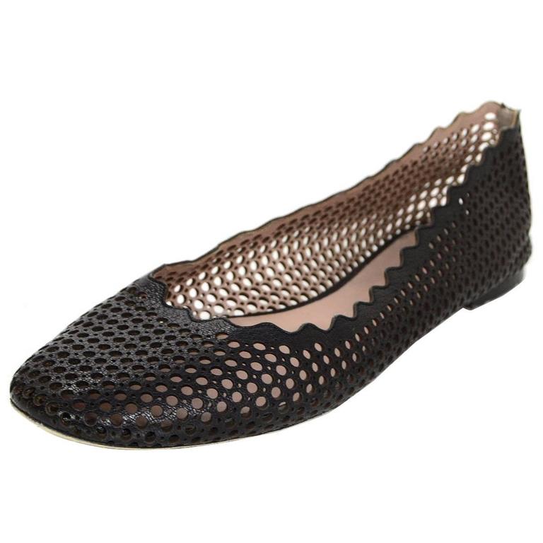 Chloe Black Leather Lauren Perforated Scalloped Ballet Flats sz 40 For Sale at 1stDibs
